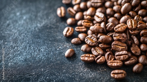 A close-up of roasted coffee beans on a textured surface, showcasing their rich color and texture.