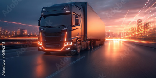 sleek black truck driving on highway at night, illuminated by city lights, creates dynamic and modern atmosphere