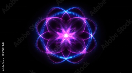 Neon blue and purple symmetrical patterns glowing in the center of a dark background