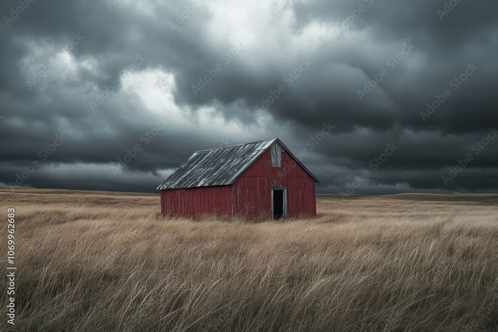 A solitary red barn stands in a vast, windswept field under dramatic, stormy skies, evoking a sense of isolation and nature's raw power. A solitary red barn stands in a vast, windswept field under dramatic, stormy skies, evoking a sense of isolation and nature's raw power.