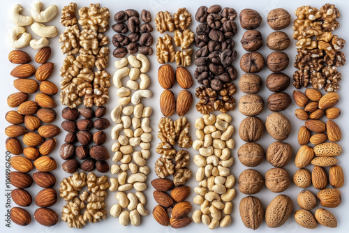 colorful collection of various nuts including almonds, walnuts, cashews, and more, beautifully arranged in rows. Perfect for healthy snacking or culinary use