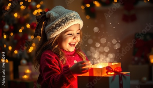 a little girl holding a glowing gift box with a soft light inside