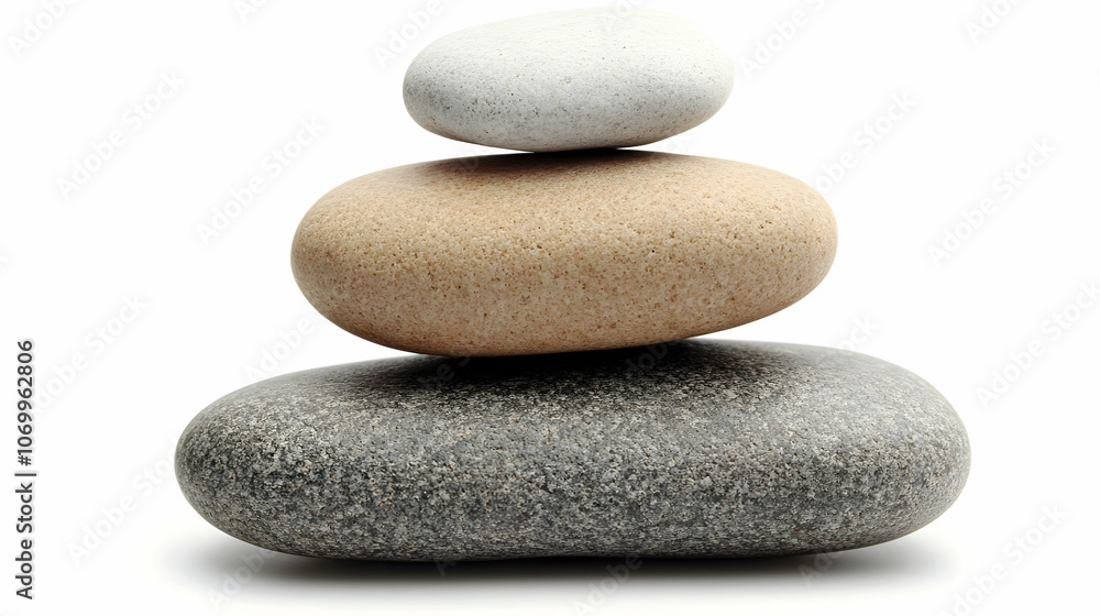 Three smooth stones stacked on top of each other, isolated on a white background. Three smooth stones stacked on top of each other, isolated on a white background.