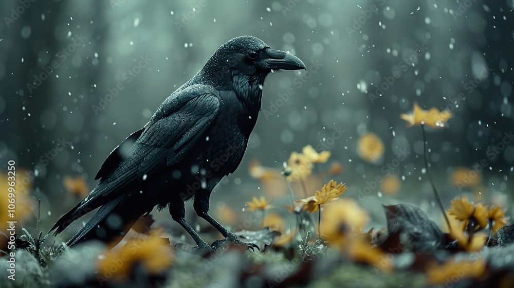 Black Crow in the Rain - A Close-Up Portrait of a Raven in a Forest Setting Black Crow in the Rain - A Close-Up Portrait of a Raven in a Forest Setting