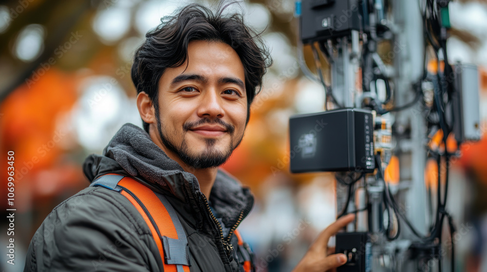 Field engineer with harness adjusting cell tower, smiling confidently in autumn. scene captures blend of technology and nature Field engineer with harness adjusting cell tower, smiling confidently in autumn. scene captures blend of technology and nature