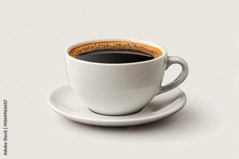 Obraz premium Freshly brewed cup of coffee with rich crema on top, served in white ceramic cup. Perfect for coffee lovers seeking moment of relaxation