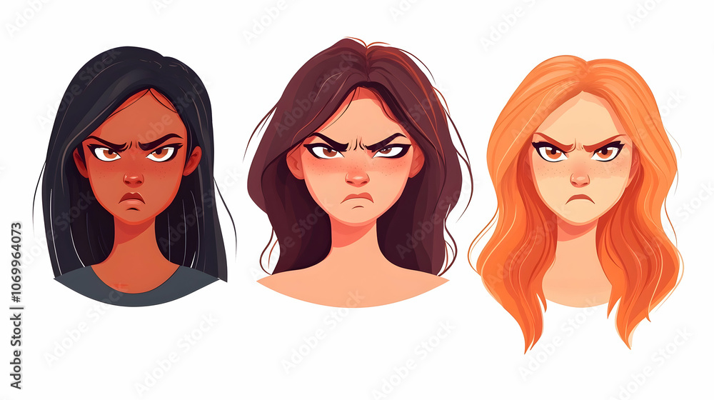 Three women with angry expressions, each with different hair colors and skin tones. Three women with angry expressions, each with different hair colors and skin tones.
