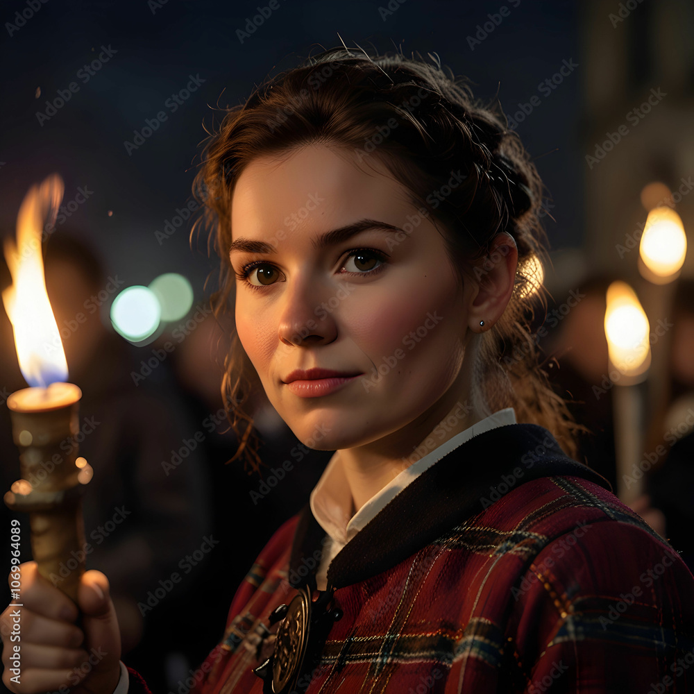 Fototapeta premium A woman in traditional Scottish attire holding a torch during the Hogmanay Torchlight Procession,