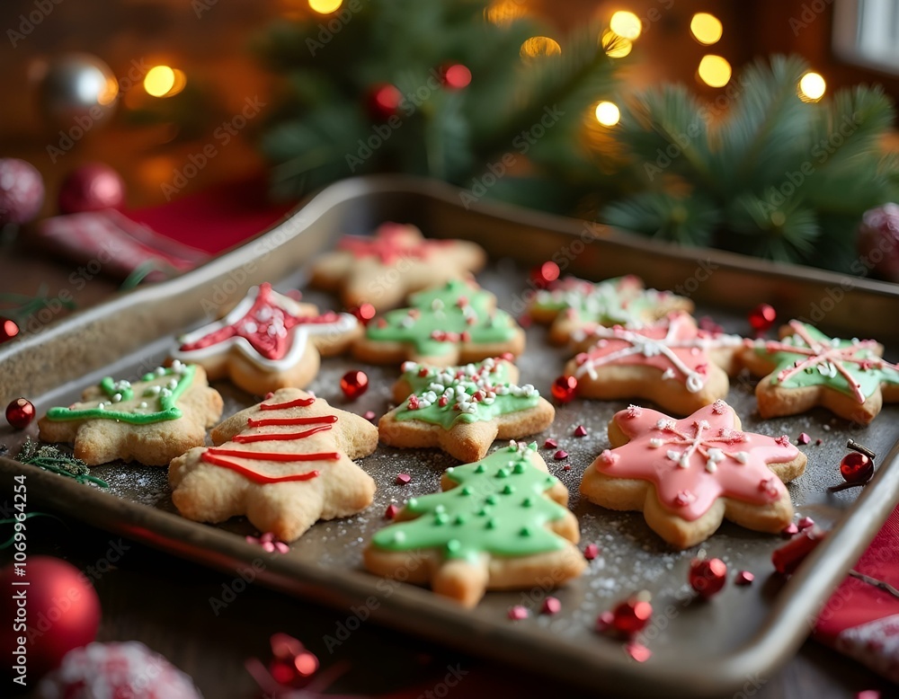 Delicious Christmas sweets and cookies on a table, with Christmas tree decoration, with balls and lights, in a luxurious house with a warm and calm atmosphere
Delicious Christmas sweets and cookies on a table, with Christmas tree decoration, with balls and lights, in a luxurious house with a warm and calm atmosphere