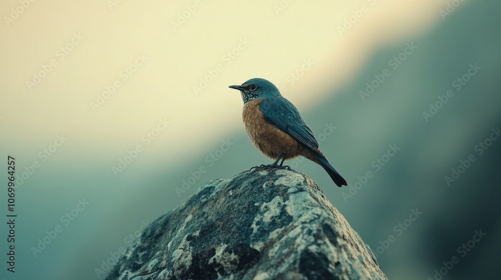 A bluebird perched on a rock against a soft, blurred background. A bluebird perched on a rock against a soft, blurred background.