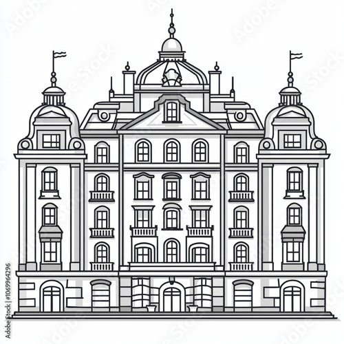 Elegant hotel building with detailed architecture and flags
