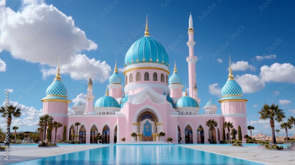 Obraz premium Stunning Pink Blue Mosque Architecture Sunny Day Reflection Pool
