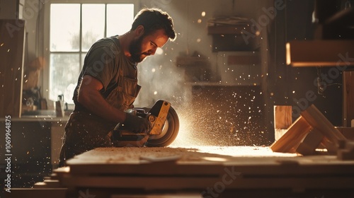 A carpenter skillfully using a circular saw in a workshop, surrounded by wood shavings.