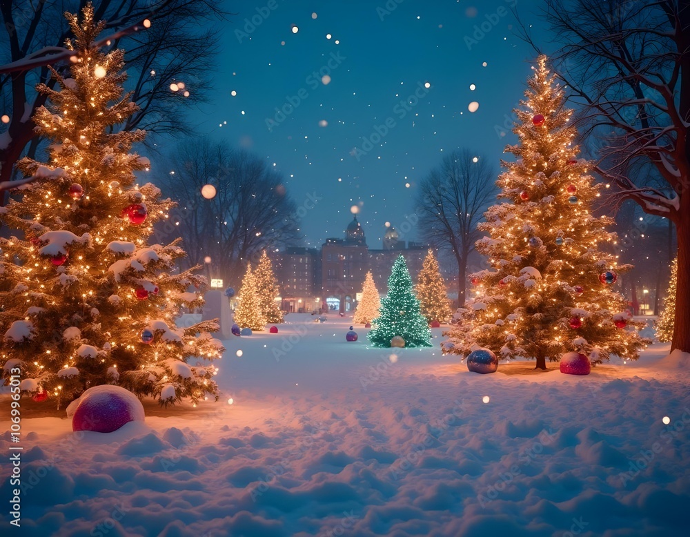 Christmas decoration on the outside of luxury houses, with Christmas trees, balls, lights, on a nightfall with snow and starry sky, with houses in the background. Christmas decoration on the outside of luxury houses, with Christmas trees, balls, lights, on a nightfall with snow and starry sky, with houses in the background.