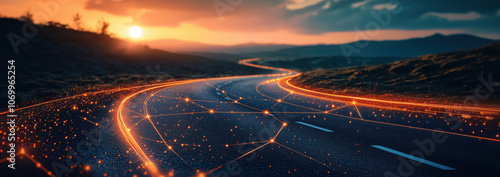 Logistic road with hologram data online network background.