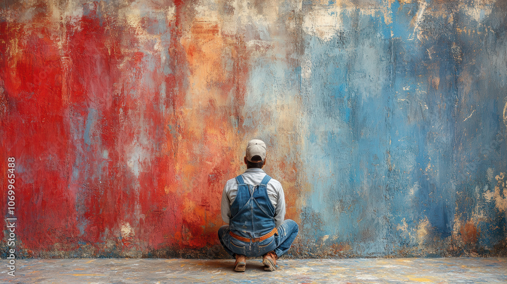 Obraz premium painter in overalls sits against colorful textured wall, contemplating his work. vibrant red and blue hues create inspiring atmosphere for creativity