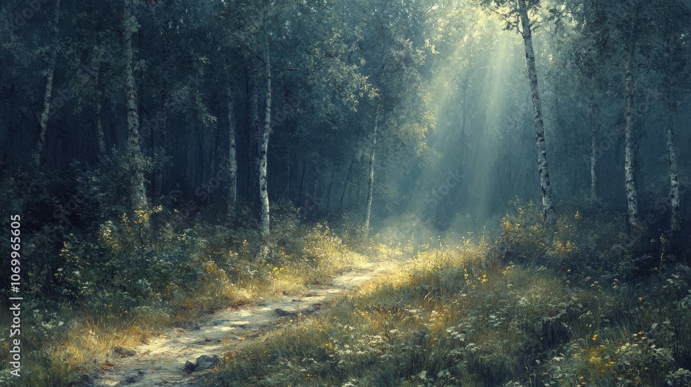Obraz premium Serene Sunlight Filtering Through Trees on a Woodland Trail