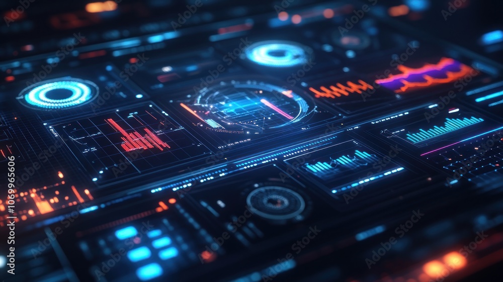A futuristic digital interface with glowing blue and orange indicators, charts, and graphs. A futuristic digital interface with glowing blue and orange indicators, charts, and graphs.