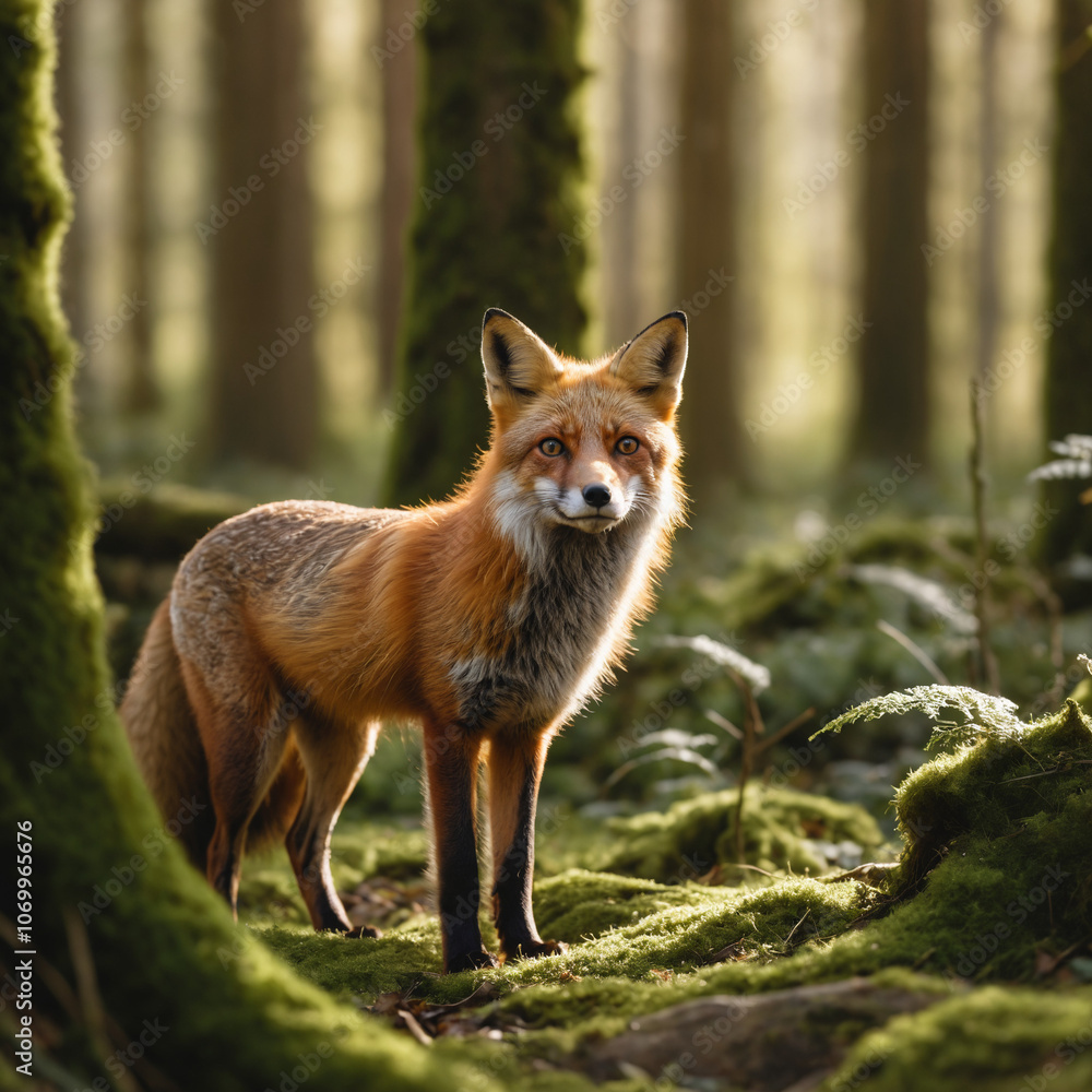 A majestic red fox standing in a sunlit forest, its fur glowing in the dappled light. The fox stares directly at the camera, its eyes full of curiosity and intelligence. A majestic red fox standing in a sunlit forest, its fur glowing in the dappled light. The fox stares directly at the camera, its eyes full of curiosity and intelligence.