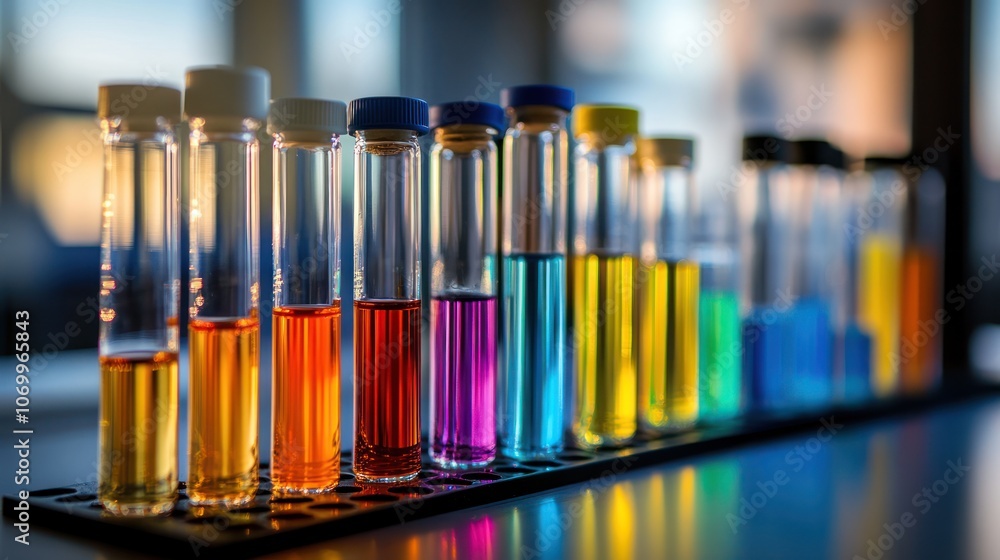 A row of colorful test tubes filled with different liquids, on a black tray with a blurry background. A row of colorful test tubes filled with different liquids, on a black tray with a blurry background.
