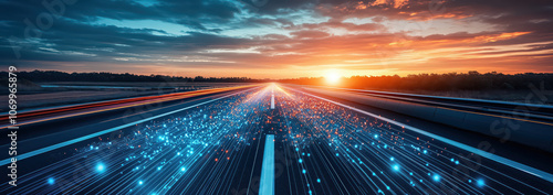 Logistic road with hologram data online network background.