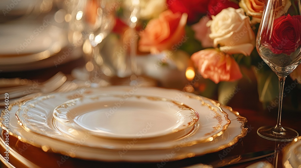 Closeup of a beautifully set table with white plates, gold rim, and a glass of water, with a blurred background of roses and candles. Closeup of a beautifully set table with white plates, gold rim, and a glass of water, with a blurred background of roses and candles.