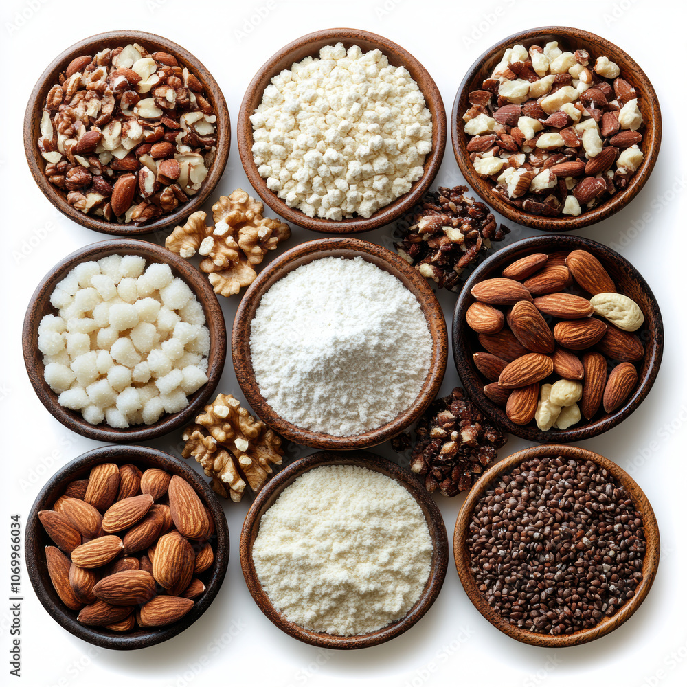 Nuts and seeds arranged in bowls, showcasing variety of textures and colors. This vibrant display includes almonds, walnuts, and chia seeds, perfect for healthy recipes Nuts and seeds arranged in bowls, showcasing variety of textures and colors. This vibrant display includes almonds, walnuts, and chia seeds, perfect for healthy recipes