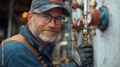 Plumber tightening valve on water heater, showcasing expertise and focus. skilled tradesman wears gloves and glasses, ensuring safety while working on plumbing systems photo