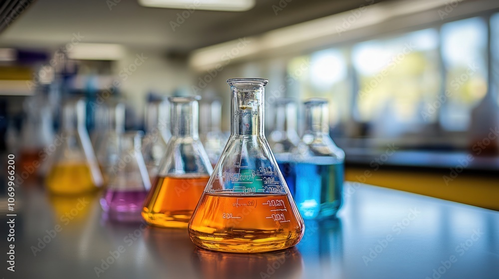 A row of beakers filled with colorful liquids sits on a laboratory table. A row of beakers filled with colorful liquids sits on a laboratory table.