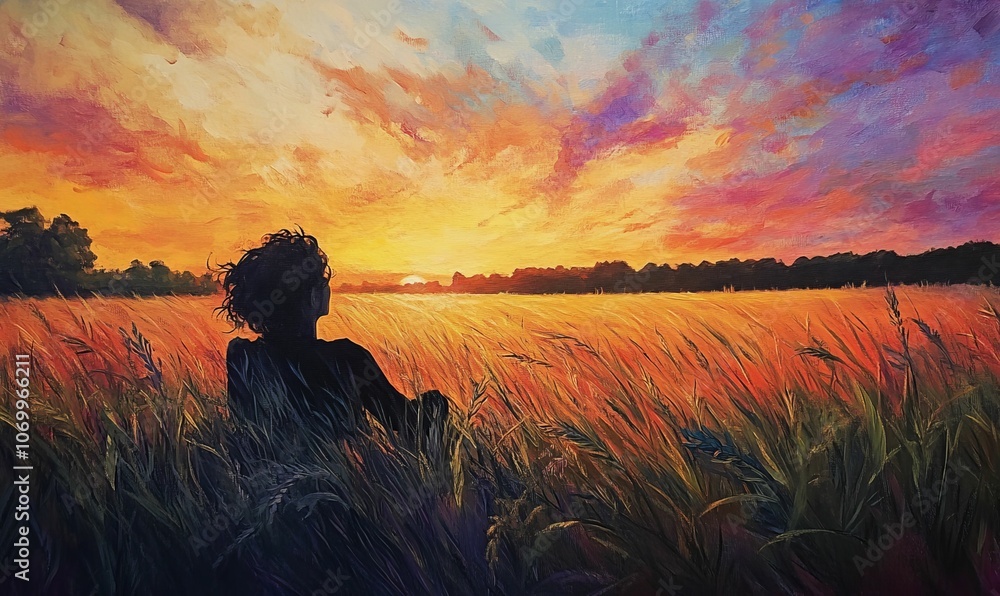 Fototapeta premium Silhouette of person in a field at sunset.