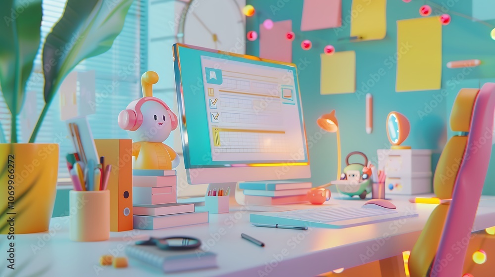 A 3D cartoon character in a vibrant workspace with colorful documents and checkmark icons, illustrating task completion and high work performance. 8k UHD, suitable for high-quality printing A 3D cartoon character in a vibrant workspace with colorful documents and checkmark icons, illustrating task completion and high work performance. 8k UHD, suitable for high-quality printing