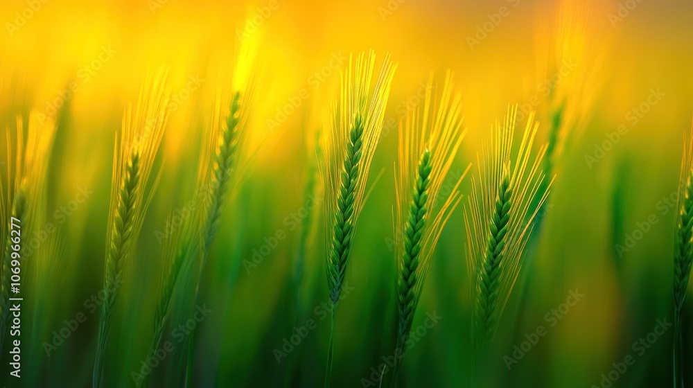 Obraz premium Close up of green wheat stalks against a golden sunset.