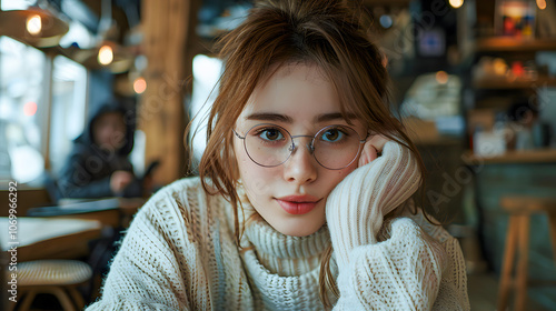 A cute young woman is calling on her mobile phone while sitting in cafe