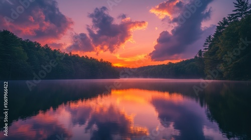 A serene lake reflecting a vibrant sunset with a misty atmosphere and lush green trees lining the shore.