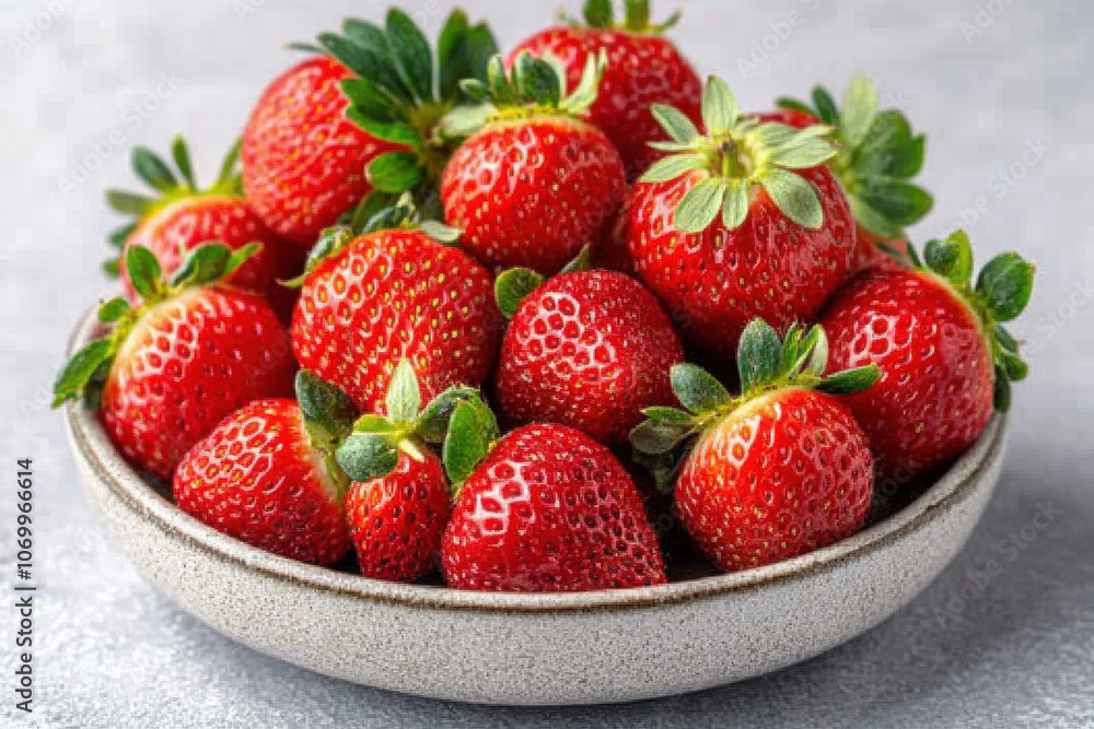 Fresh ripe strawberries with green leaves in bowl, showcasing their vibrant red color and glossy texture, perfect for desserts or healthy snacks Fresh ripe strawberries with green leaves in bowl, showcasing their vibrant red color and glossy texture, perfect for desserts or healthy snacks