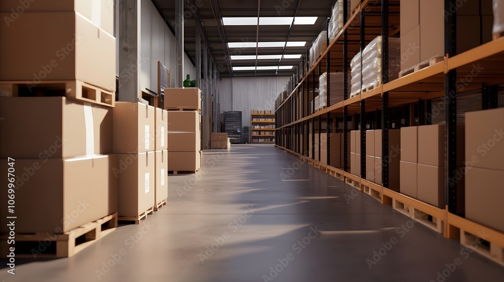 Cardboard boxes stacked on shelves in a warehouse. Image Illustration background for presentation and wallpaper Beautiful picture Cardboard boxes stacked on shelves in a warehouse. Image Illustration background for presentation and wallpaper Beautiful picture