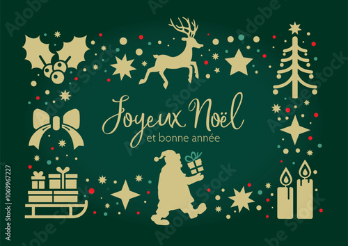 Vœux de Noël et bonne année - texte en français et décorations de Noël sur fond vert