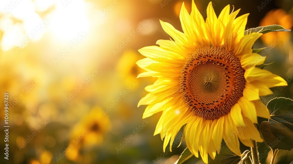 Obraz premium A single sunflower blooms brightly in a field of sunflowers, bathed in warm sunlight.