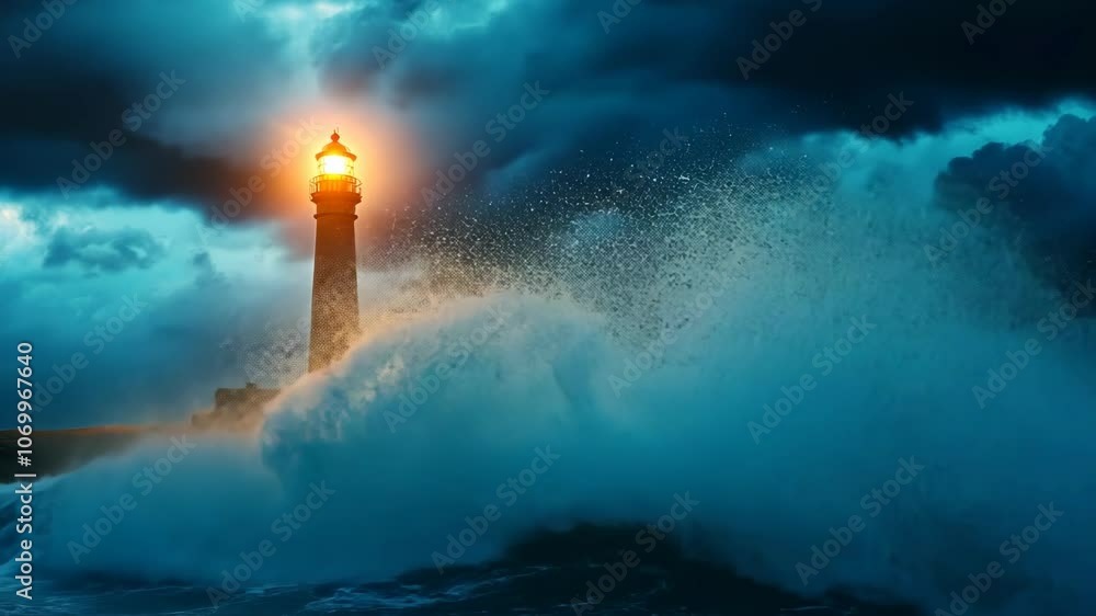 A lighthouse shines brightly through a storm, guiding ships safely through the turbulent waves A lighthouse shines brightly through a storm, guiding ships safely through the turbulent waves