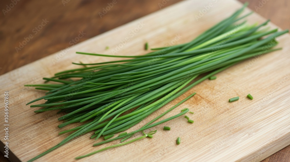 Fresh chives arranged on a wooden cutting board, ready for culinary use. Fresh chives arranged on a wooden cutting board, ready for culinary use.
