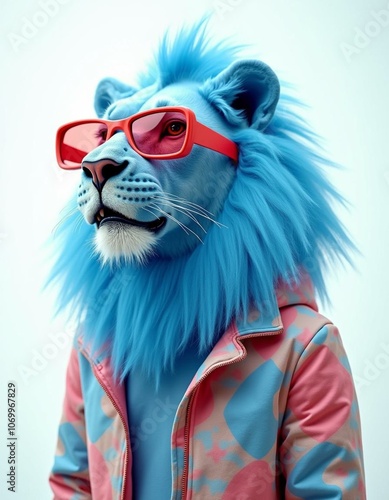 3d lion in cyberpunk style, colorful clothes photo