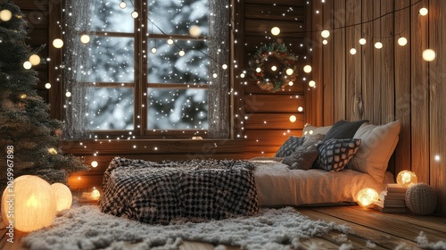 Winter sale banner, cozy cabin with string lights, snowfall effect, 3D illustration. Christmas lights illuminating a snow-covered pathway, guiding the way to a cozy cabin.