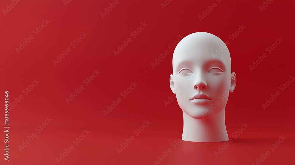 A minimalist white mannequin head against a vivid red background, creating a striking visual contrast. A minimalist white mannequin head against a vivid red background, creating a striking visual contrast.