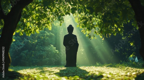 A contemplative silhouette of a standing Buddha, framed by lush green trees in a peaceful garden.