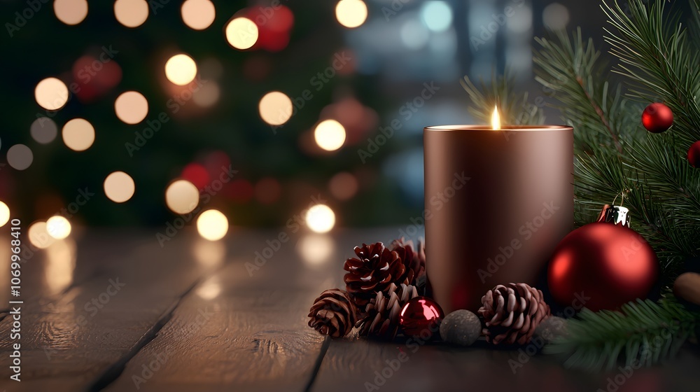 Christmas Candle with Pine Branches and Ornaments. Image Illustration background for presentation and wallpaper Beautiful picture Christmas Candle with Pine Branches and Ornaments. Image Illustration background for presentation and wallpaper Beautiful picture