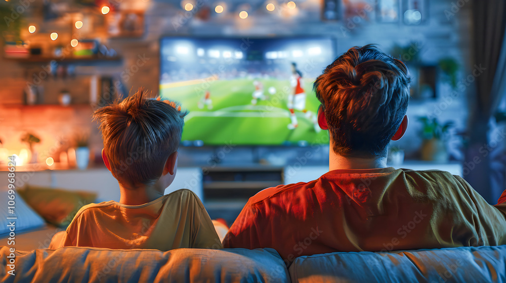 A father and a young son watch a professional football match on TV, sitting at home on the couch in the evening. Football fans watching sports A father and a young son watch a professional football match on TV, sitting at home on the couch in the evening. Football fans watching sports
