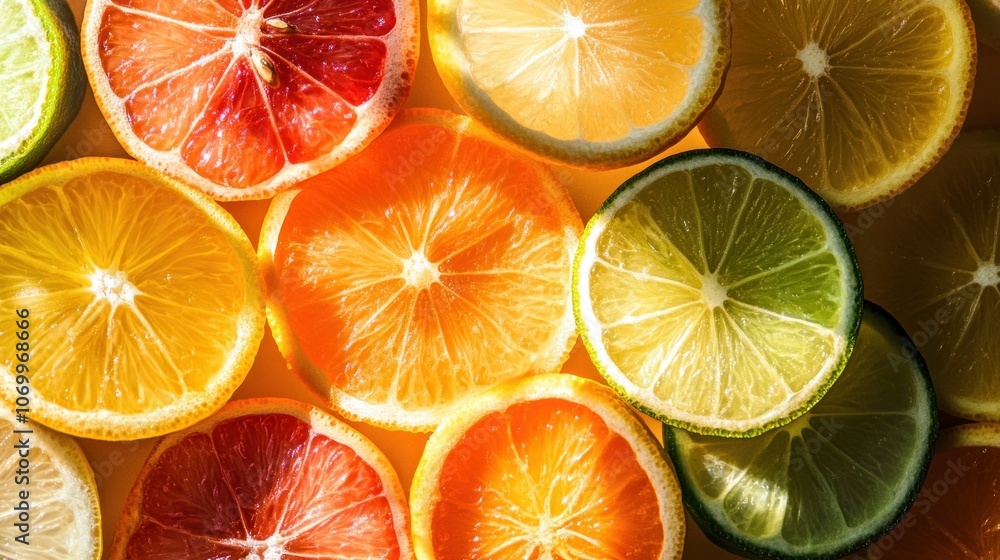 Obraz premium A close-up of various citrus fruits cut in half and arranged in a pattern.