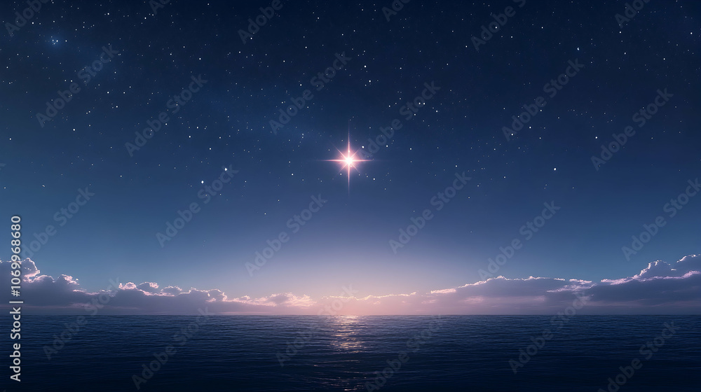 Celestial beacon, a lone radiant star illuminates the deep blue dusk sky above a calm ocean - Celestial beacon, a lone radiant star illuminates the deep blue dusk sky above a calm ocean -