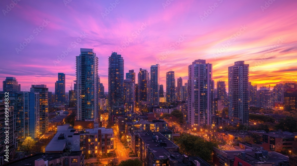 Fototapeta premium A breathtaking view of a city skyline at sunset with purple and orange clouds.