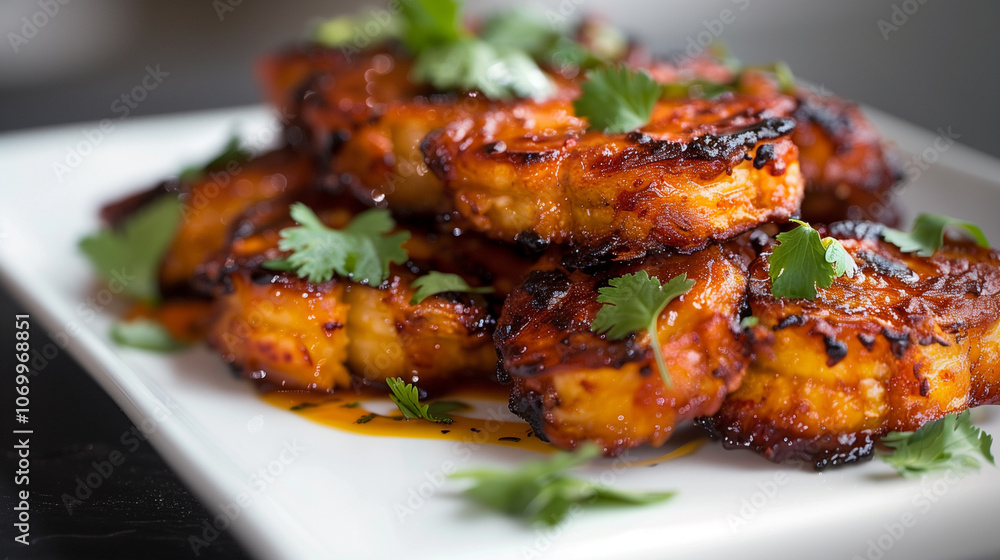 Fried Plantains with Fresh Cilantro Garnish on White Plate Fried Plantains with Fresh Cilantro Garnish on White Plate